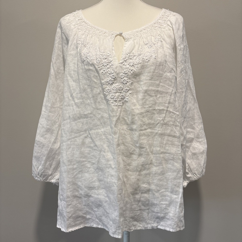 Charter Club Women Size 16 Linen Peasant Blouse Relax Fit Shirt Coastal Beach